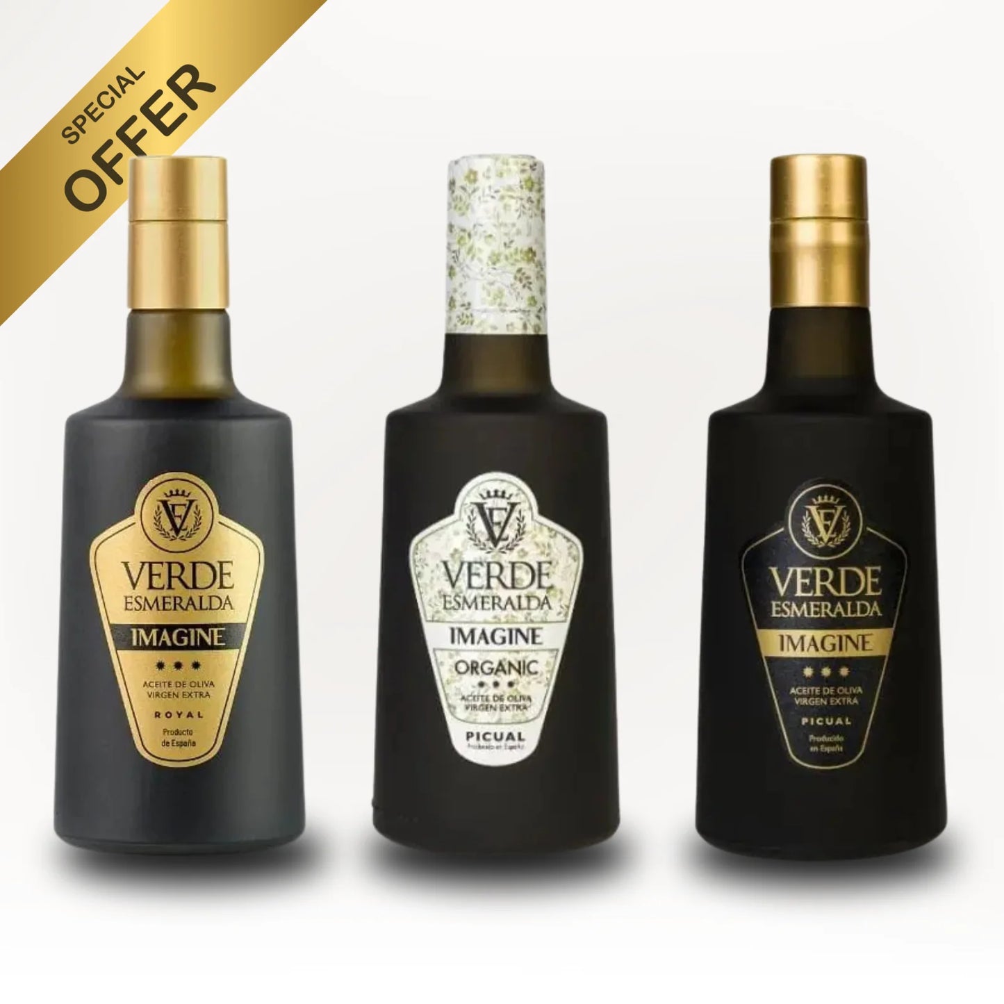 Pack Imagine Verde Esmeralda – AOVE Picual, Royal y Ecológico (3 x 500ml)