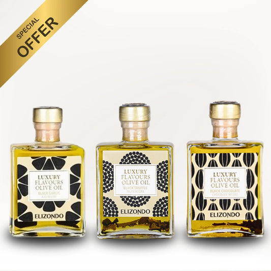 Elizondo Flavours Pack | 3 Infused Extra Virgin Olive Oils – Truffle, Garlic & Chocolate (3x200ml)