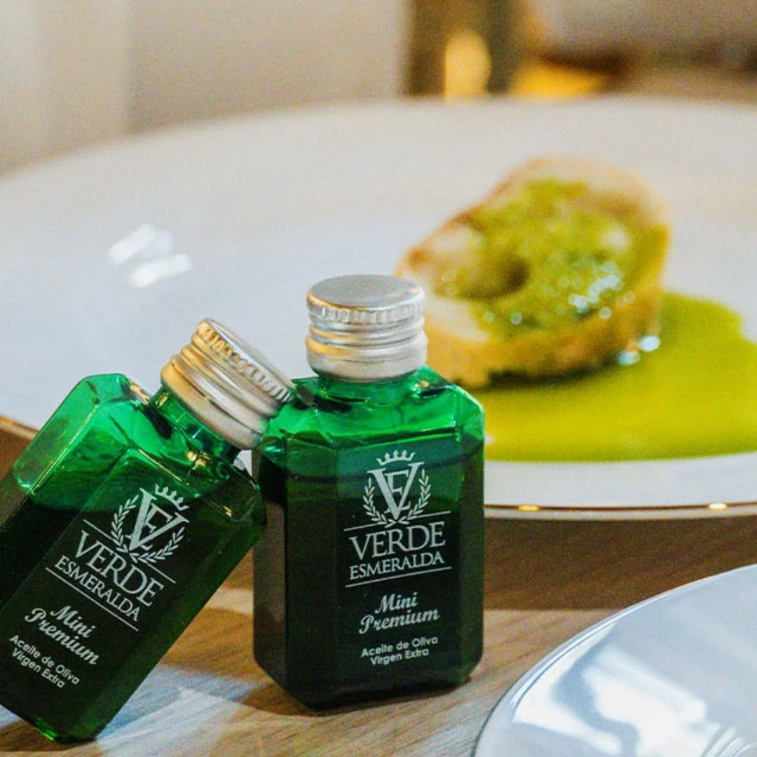 Delicate Spanish olive oil in glass bottle with green notes